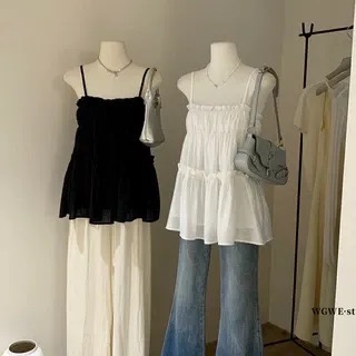 現貨 / WGWE 甜美木耳邊抽褶無袖背心法吊帶上衣 細肩帶背心 W5507