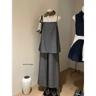 現貨 / 【WGWE】復古條紋西裝套裝小眾高級感顯瘦休閒無袖吊帶小衫+闊腿褲兩件套套裝 W5689# GLP