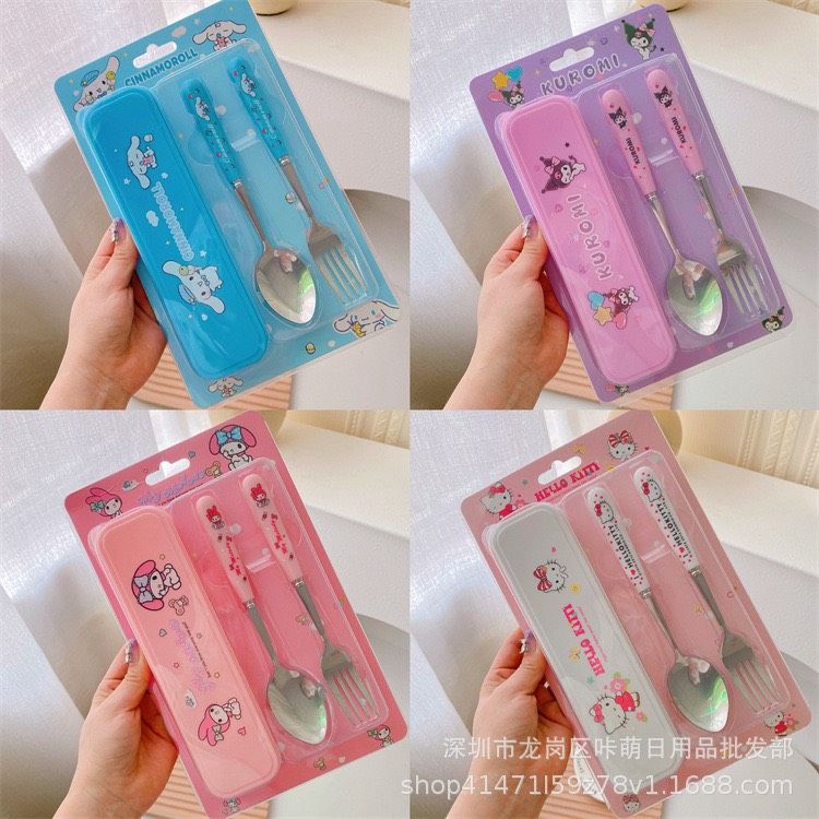 卡通餐具組｜叉子+湯匙+收納盒｜Hello Kitty／酷洛米／美樂蒂／大耳狗｜快速出貨