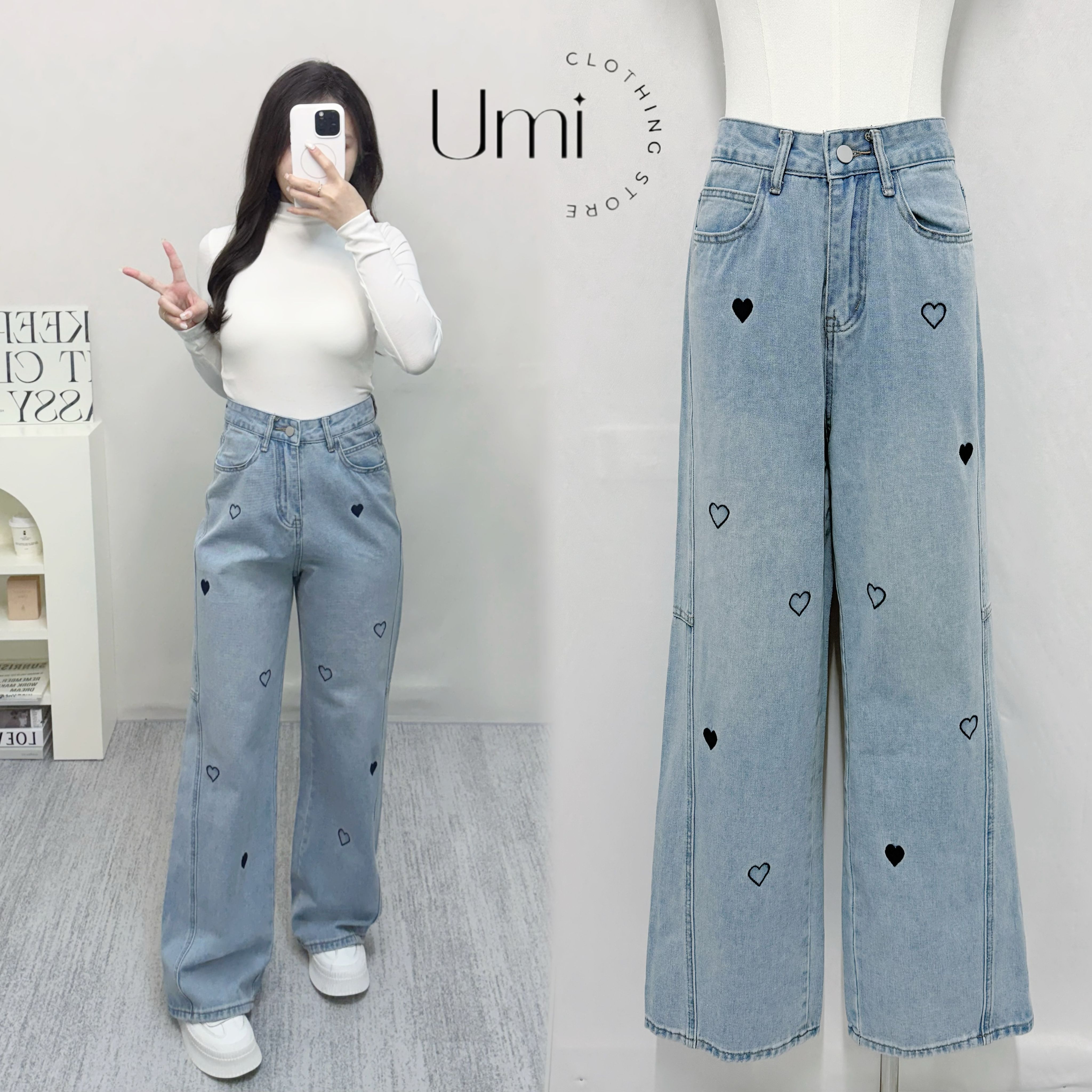 現貨+預購【滿版刺繡愛心牛仔寬褲】