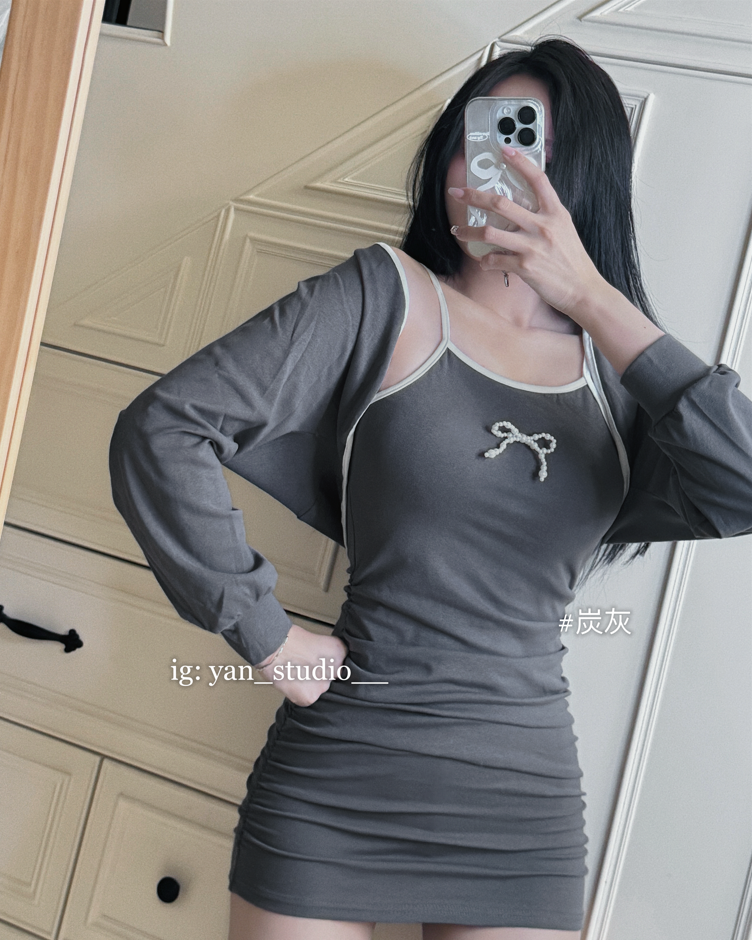 珍珠蝴蝶結側抓皺細肩包臀洋+小外套 兩件套