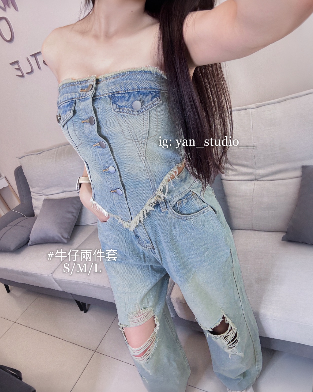 酷辣風·牛仔排扣不規則平口+破洞寬褲