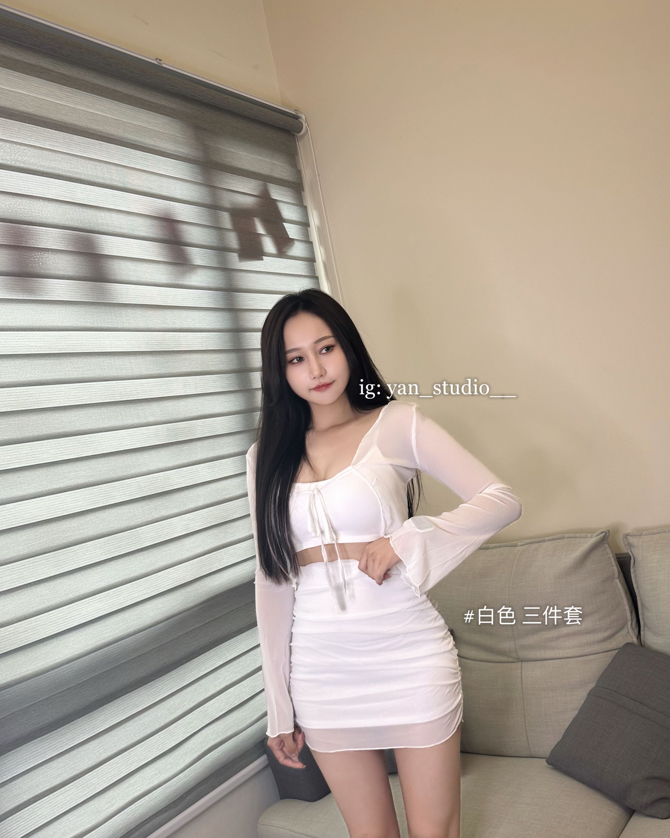 細肩小可愛+喇叭袖綁繩外罩+拼紗抓皺短裙 三件套