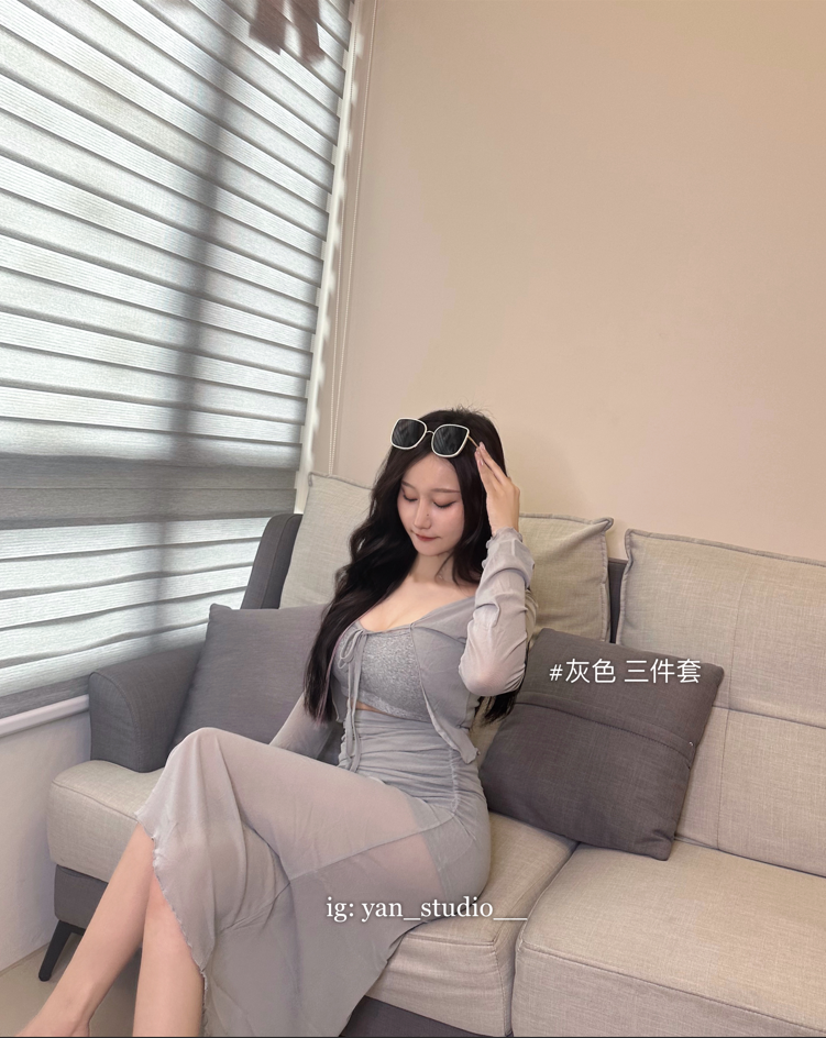 仙女必備·細肩背心+短裙拼接長紗+外罩衫 三件套