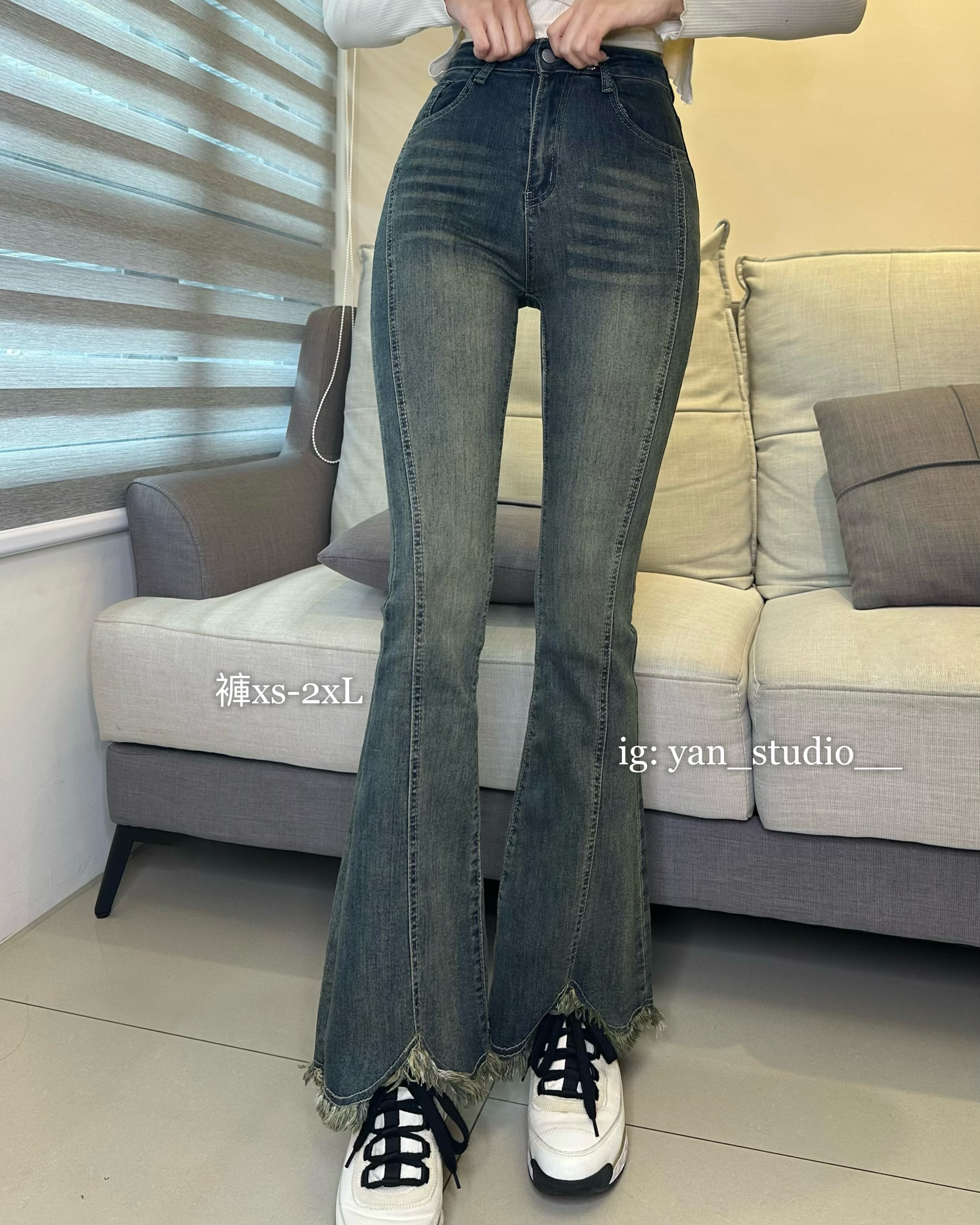 復古刷色 開叉毛邊 高腰微喇牛仔褲！XS-2XL