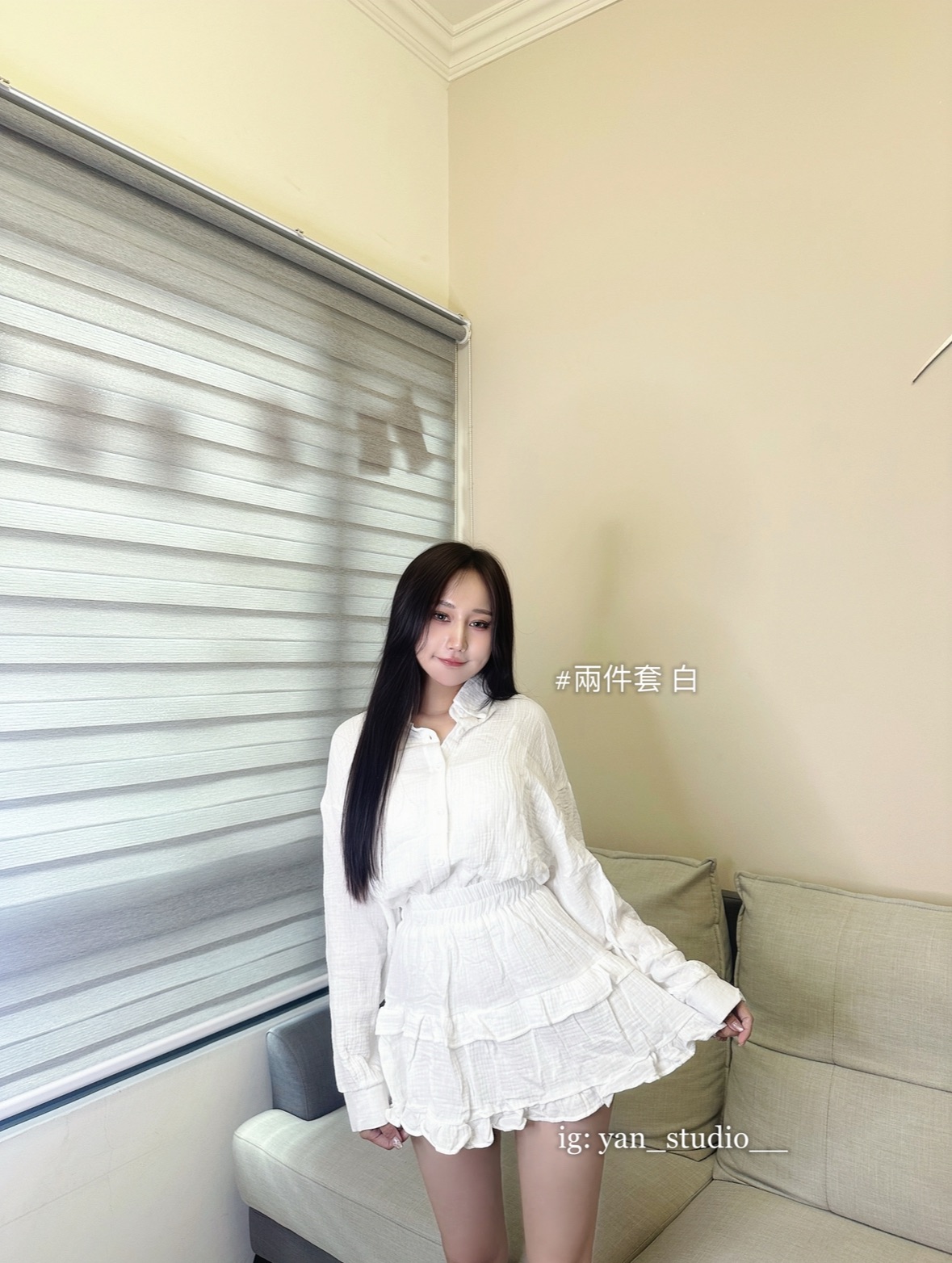 落肩寬鬆襯衫+荷葉邊蛋糕褲裙 兩件套