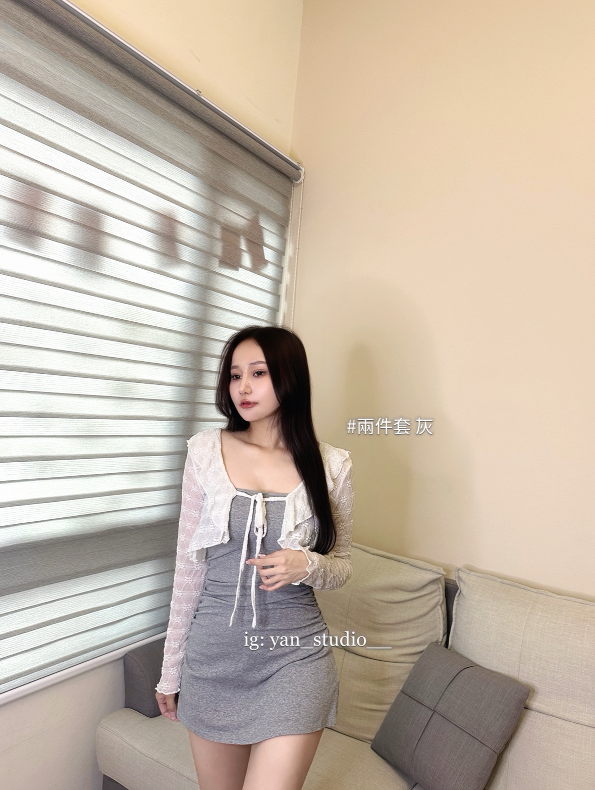 細肩帶內杯側抓皺短洋+荷葉領綁帶外套 套裝