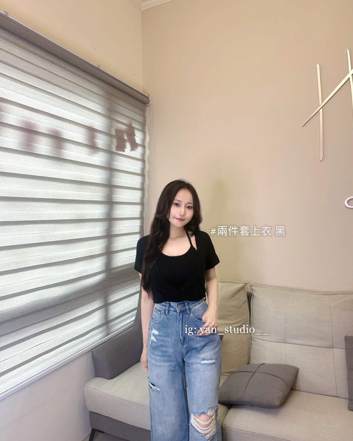 繞脖綁帶內杯背心+交疊感上衣外罩set