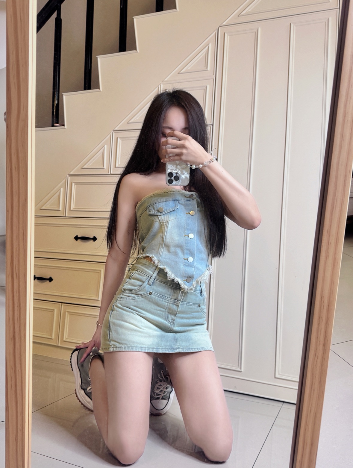 超辣復古刷色牛仔抽鬚工裝感平口+褲裙 套裝