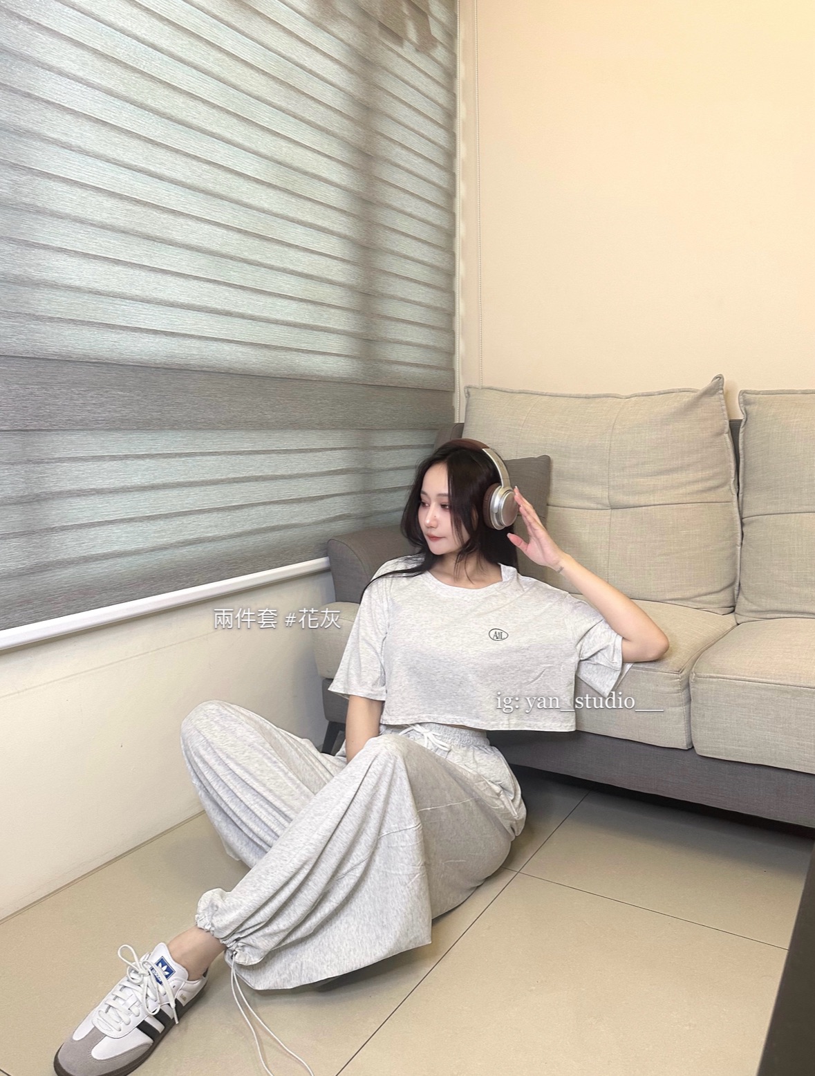 寬鬆短版上衣+鬆緊褲管抽繩寬褲 休閒套裝