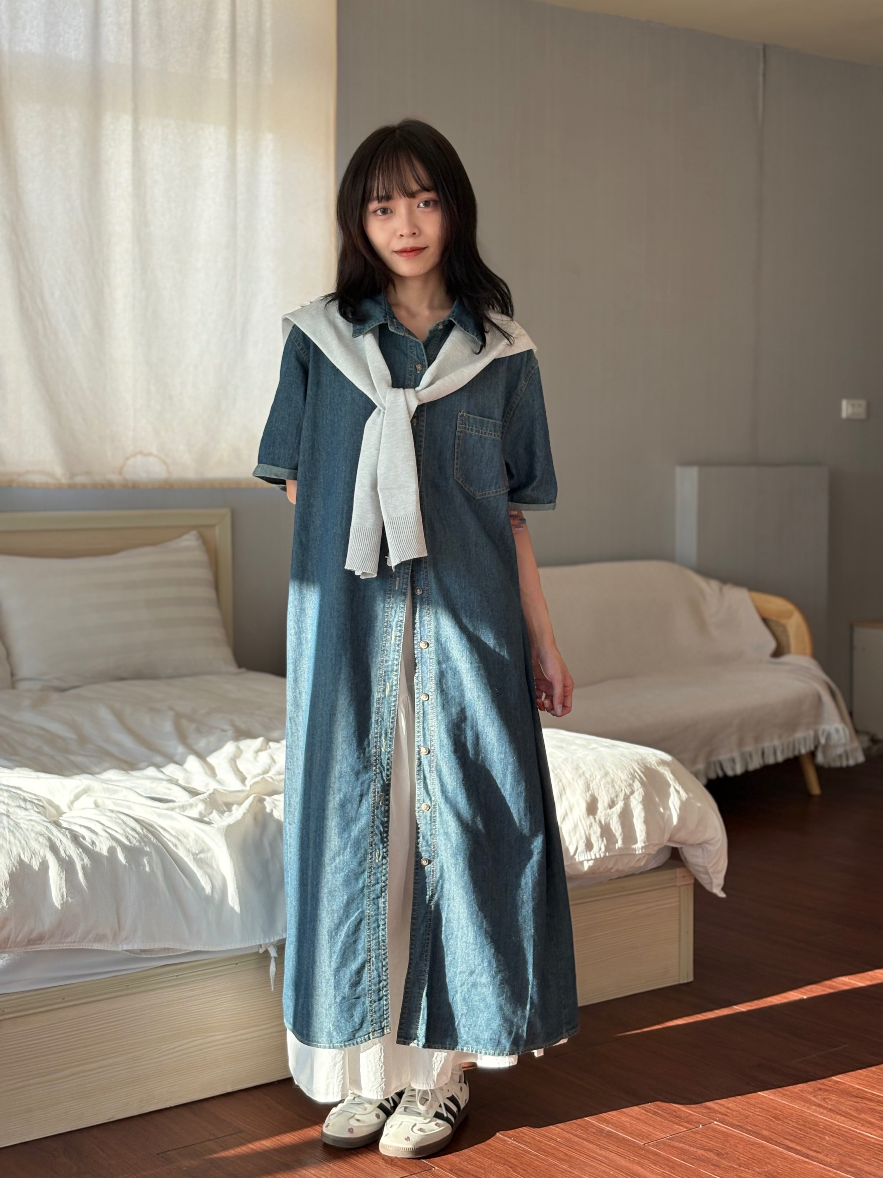 ＼休閒造型/ 附披肩 牛仔襯衫洋