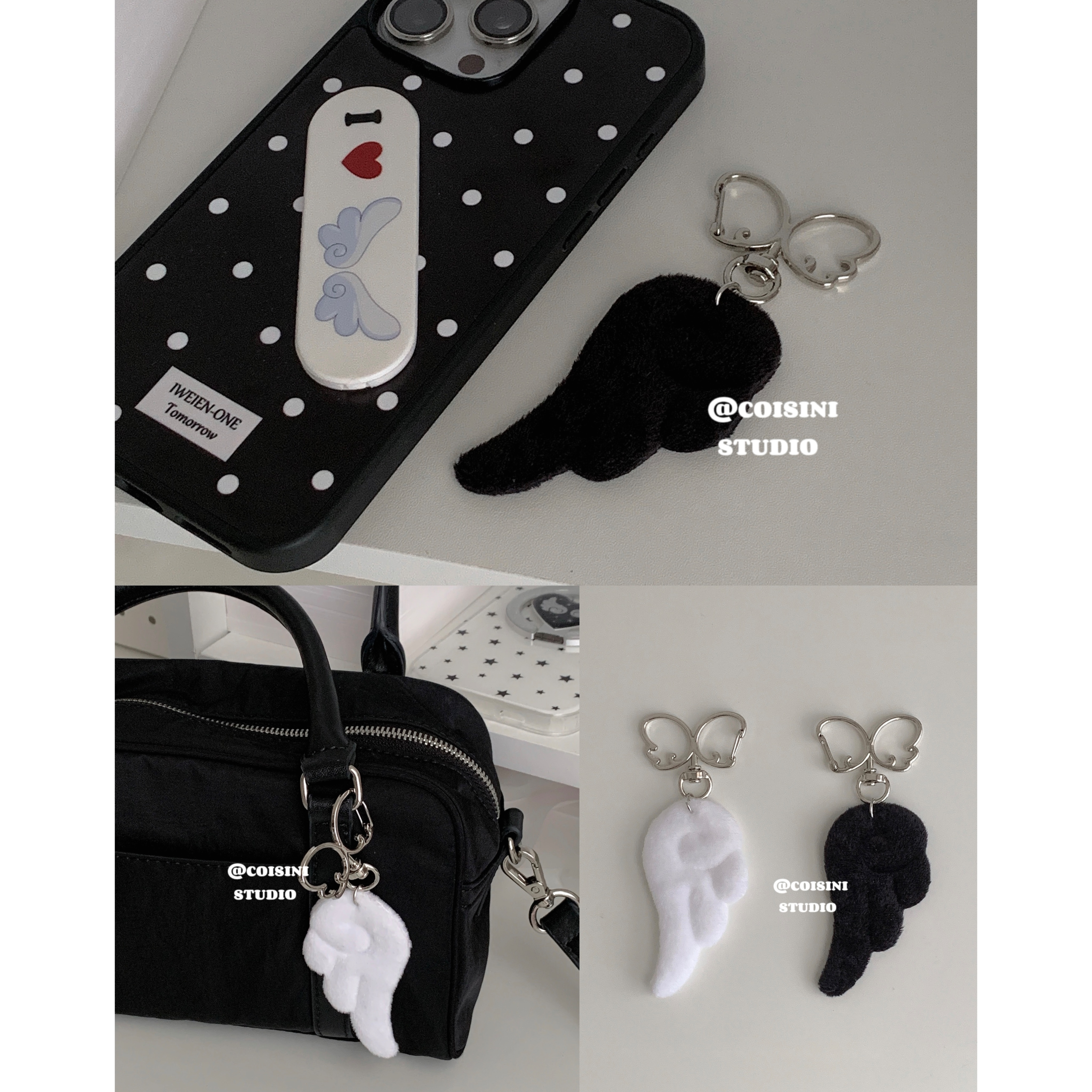 韓系天使翅膀吊飾🪽y2k 包包吊飾 鑰匙扣 毛絨吊飾 黑白翅膀 掛件