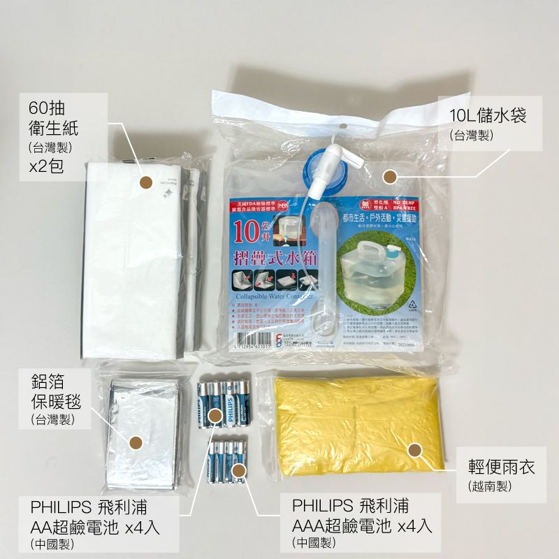 預購 內容物組共21件 | 都會防災包 內容物不附大背包 含防災食物 不銹鋼餐具 收音機 哨子 儲水袋 鋁箔防寒毯