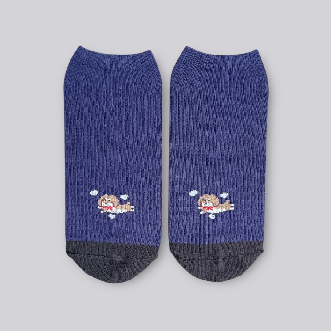 靛藍飛翔狗狗船型襪