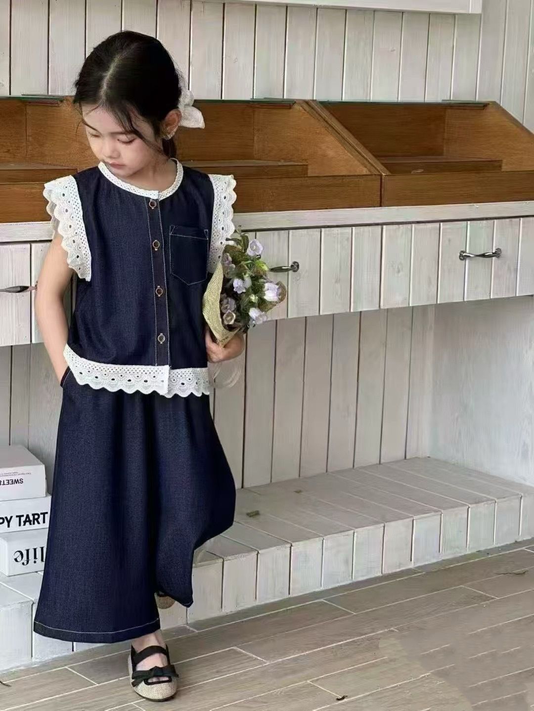 【Hi！森 Kids】布蕾絲滾邊天絲牛仔套裝