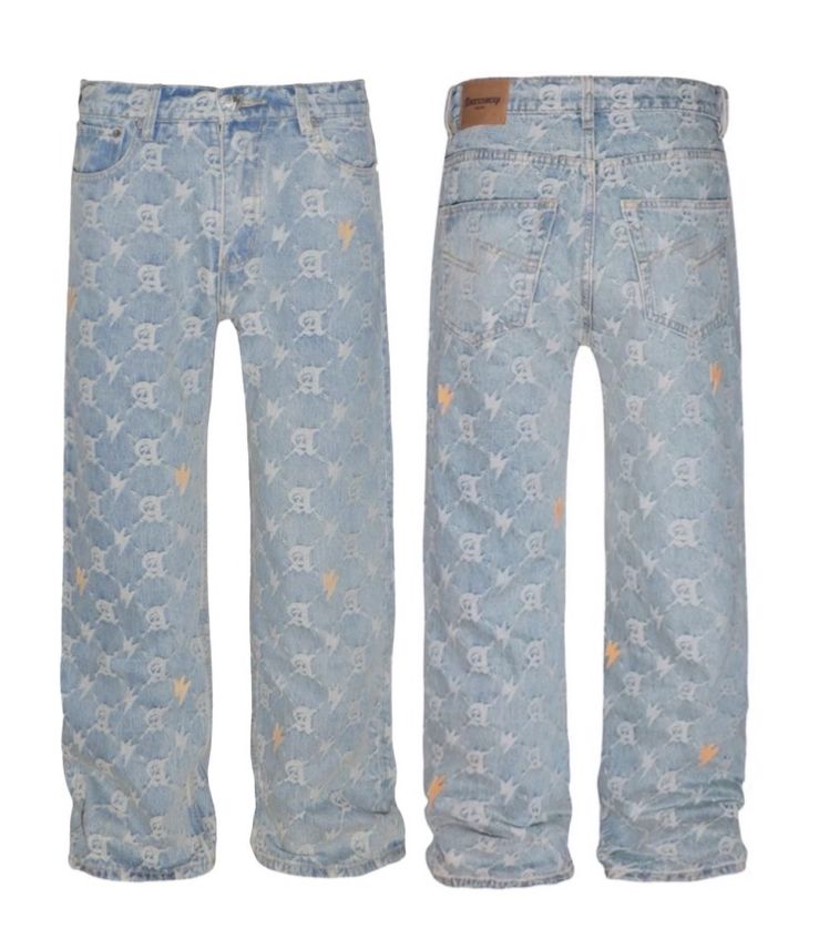 淺牛仔老花滿板牛仔褲