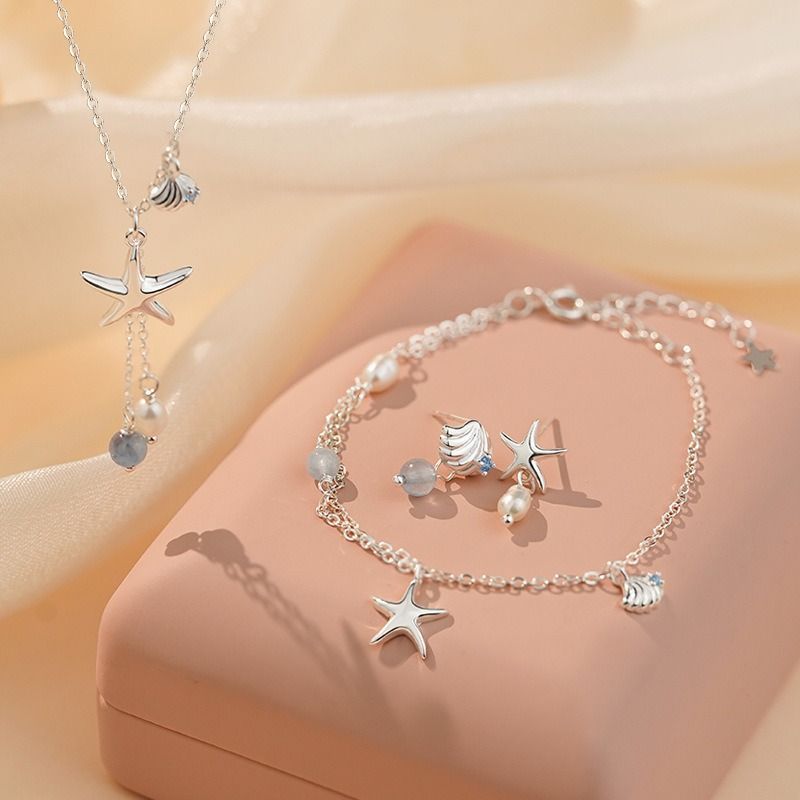 🌊海風中的約定・S925純銀海星項鍊｜海藍人造石×貝珠・甜美清新風・送禮套裝