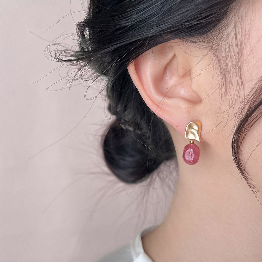 原創新中式天然石耳環 東陵玉設計感手工耳飾