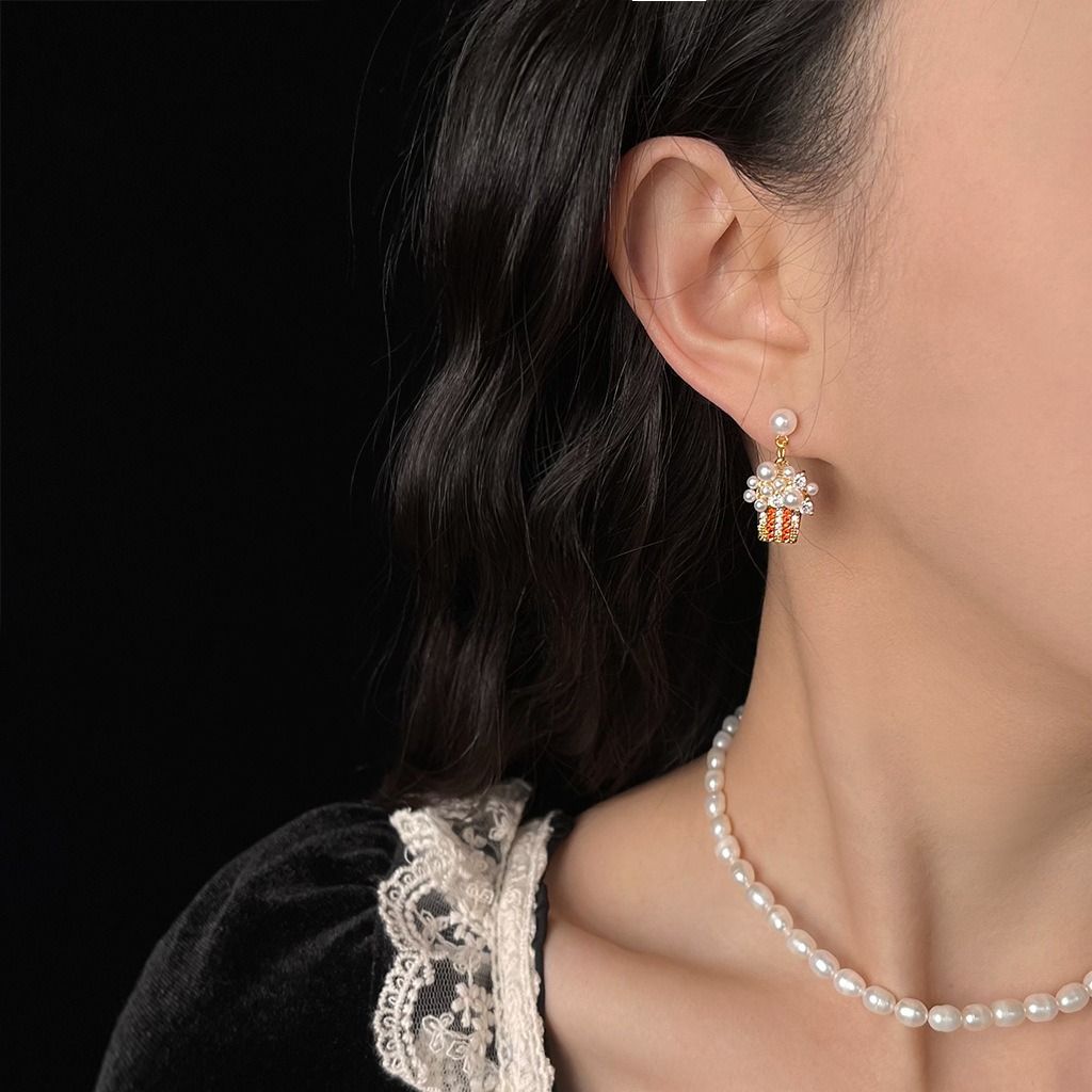 爆米花設計感耳環 微鑲鋯石14K鍍金 小眾精緻耳飾