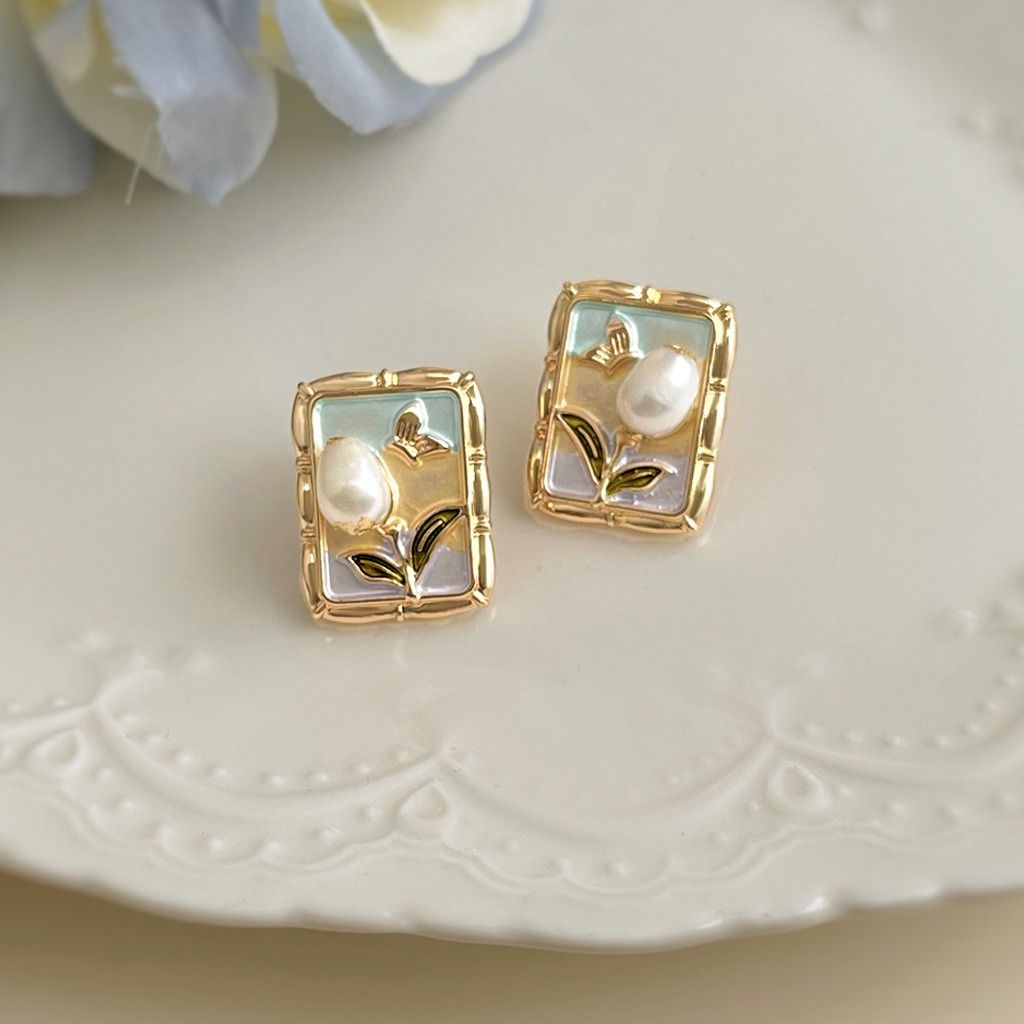 🎨 油畫感彩繪耳環｜淡水珍珠琺瑯滴釉花朵