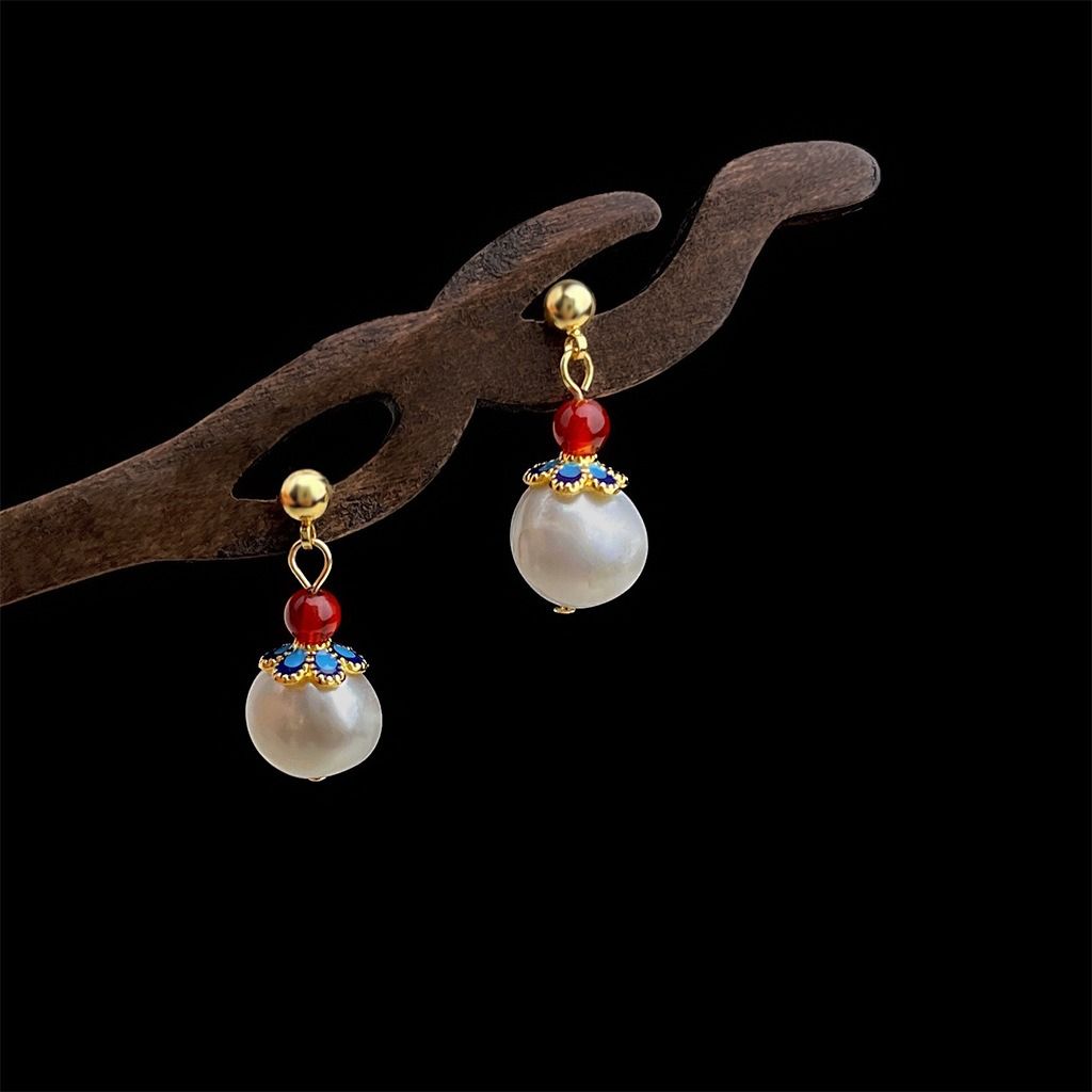 💎 巴洛克造型珍珠紅瑪瑙耳環｜高級復古中古風