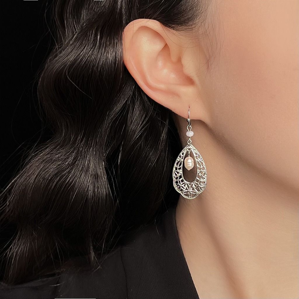 🌿 民族風水滴淡水珍珠耳環｜手工設計感氣質款
