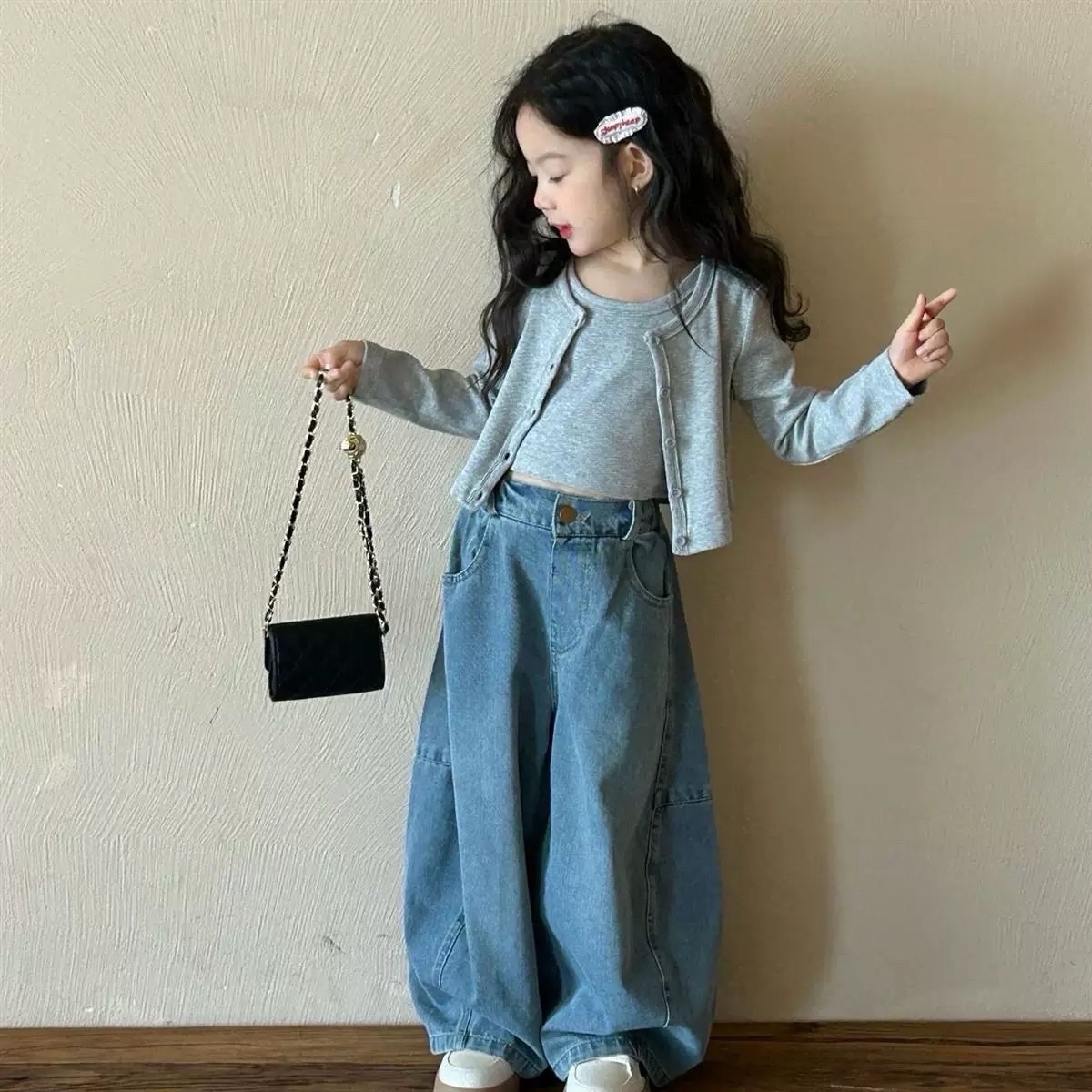 套裝/兩件式短版開山衫上衣+牛仔彎刀寬褲