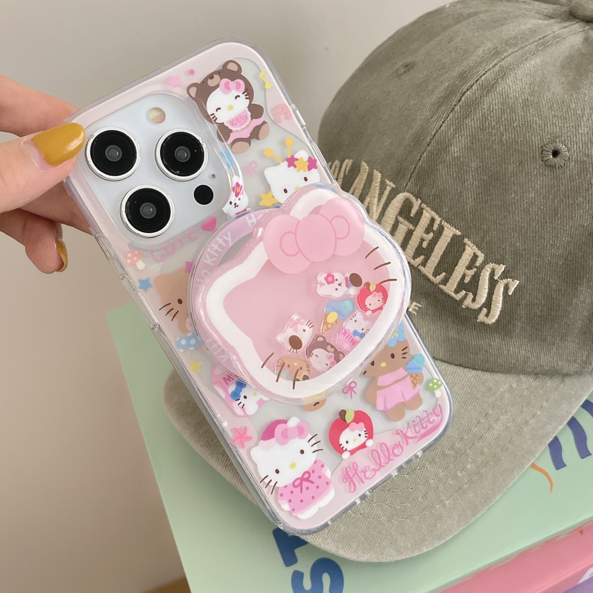 11 p.m.| 萌萌可愛 粉色凱蒂貓 搖搖支架 kt插圖 磁吸支架 防摔 iPhone手機殼（12-17）