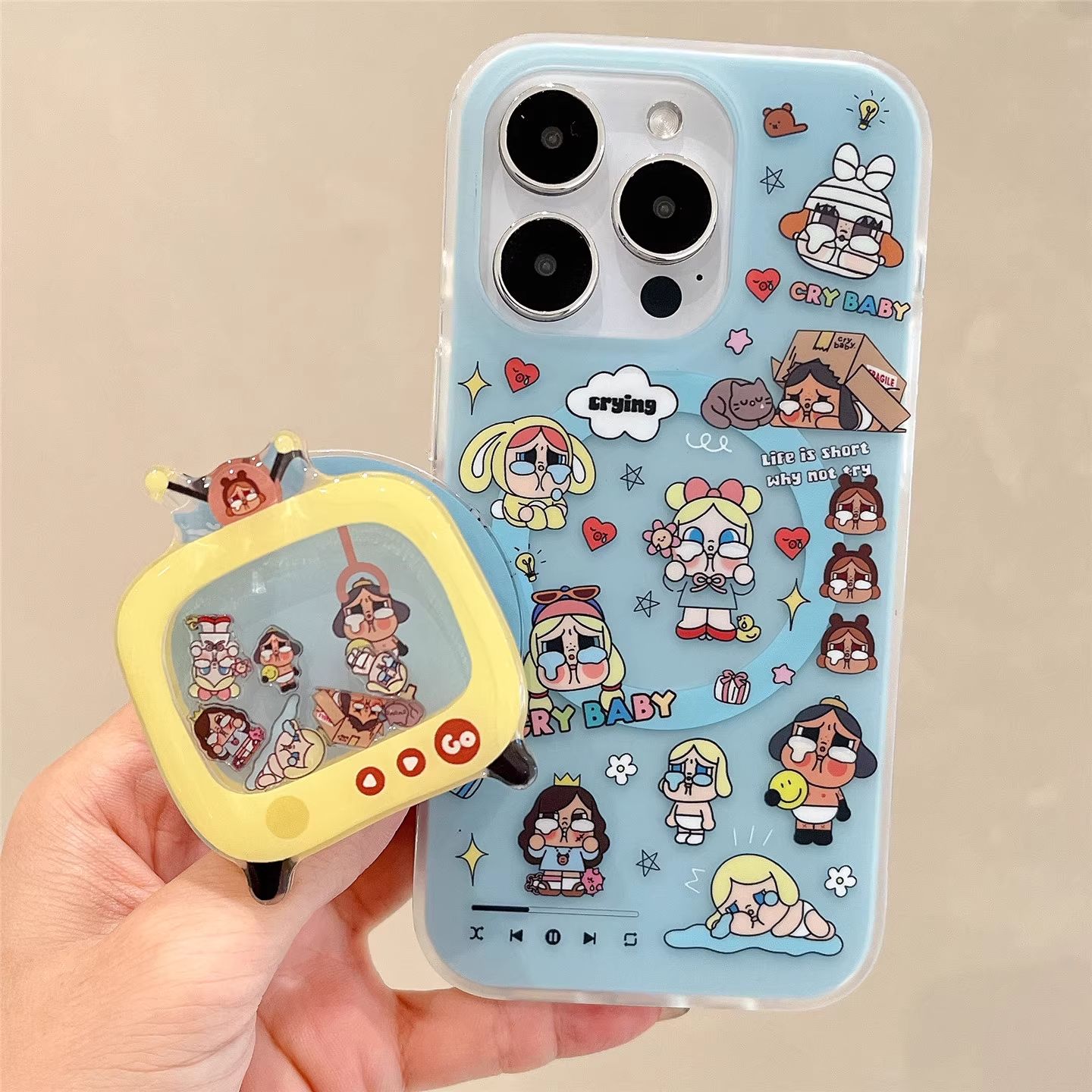 11 p.m.| 趣味可愛 淺藍哭娃插圖 遊戲機哭娃 搖搖支架 磁吸 iPhone手機殼