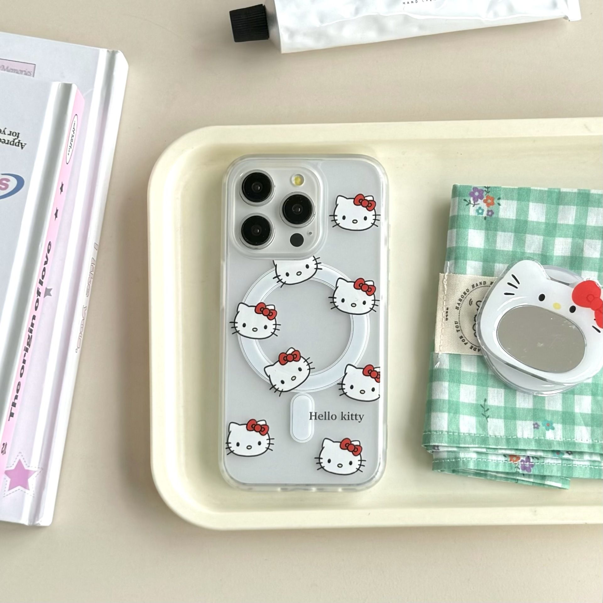 11 p.m.| 萌萌可愛 鏡子大嘴貓咪支架 鏡子凱蒂貓插圖 霧面親膚磨砂 磁吸支架 iPhone手機殼