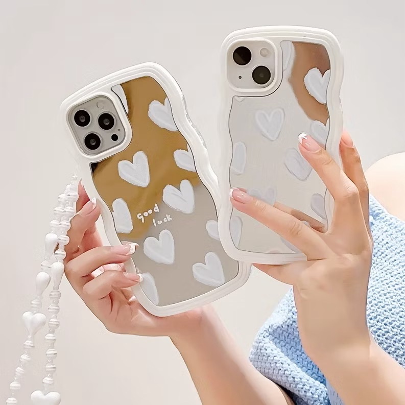 11 p.m.| 質感 水彩白色愛心 波浪邊鏡面 珠珠掛繩 iPhone手機殼（plus）