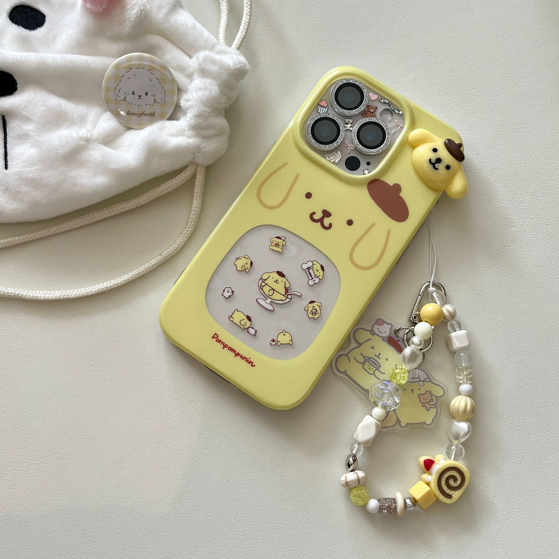 11 p.m.| 萌萌可愛 鏤空鐳射愛心布丁狗 立體布丁狗插圖 珠珠掛繩 iPhone手機殼