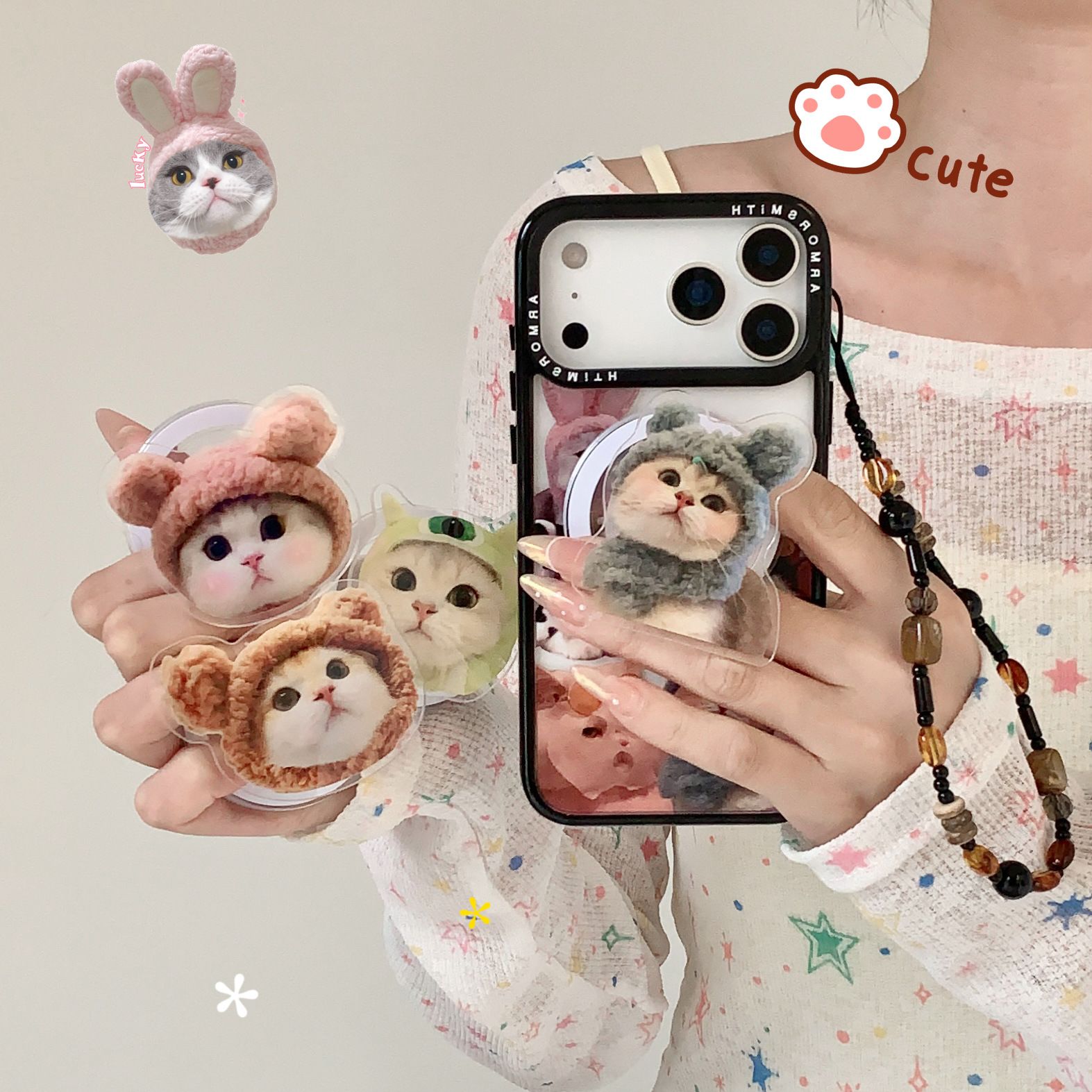 11 p.m.| 可愛頭套變裝貓咪黑邊防摔 珠珠掛繩磁吸iPhone手機殼 （11-17） （plus/16e/air）