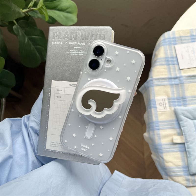 11 p.m.| ins 滿版白色星星 鏡子翅膀磁吸支架 星星翅膀 親膚霧面磨砂 iPhone手機殼（13-17）