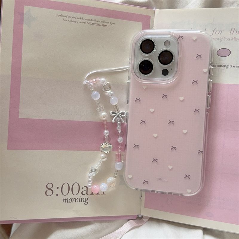 11 p.m.| 甜系滿版 迷你愛心蝴蝶結 珠珠掛繩 iPhone手機殼（14-17）