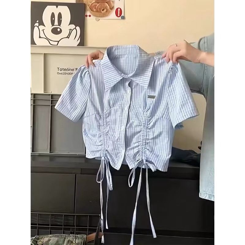 藍色格紋抽繩polo襯衫☆