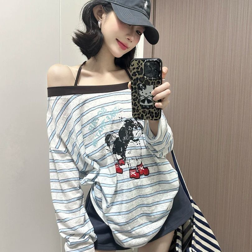 ★韓系一字肩藍色條紋防曬長袖★