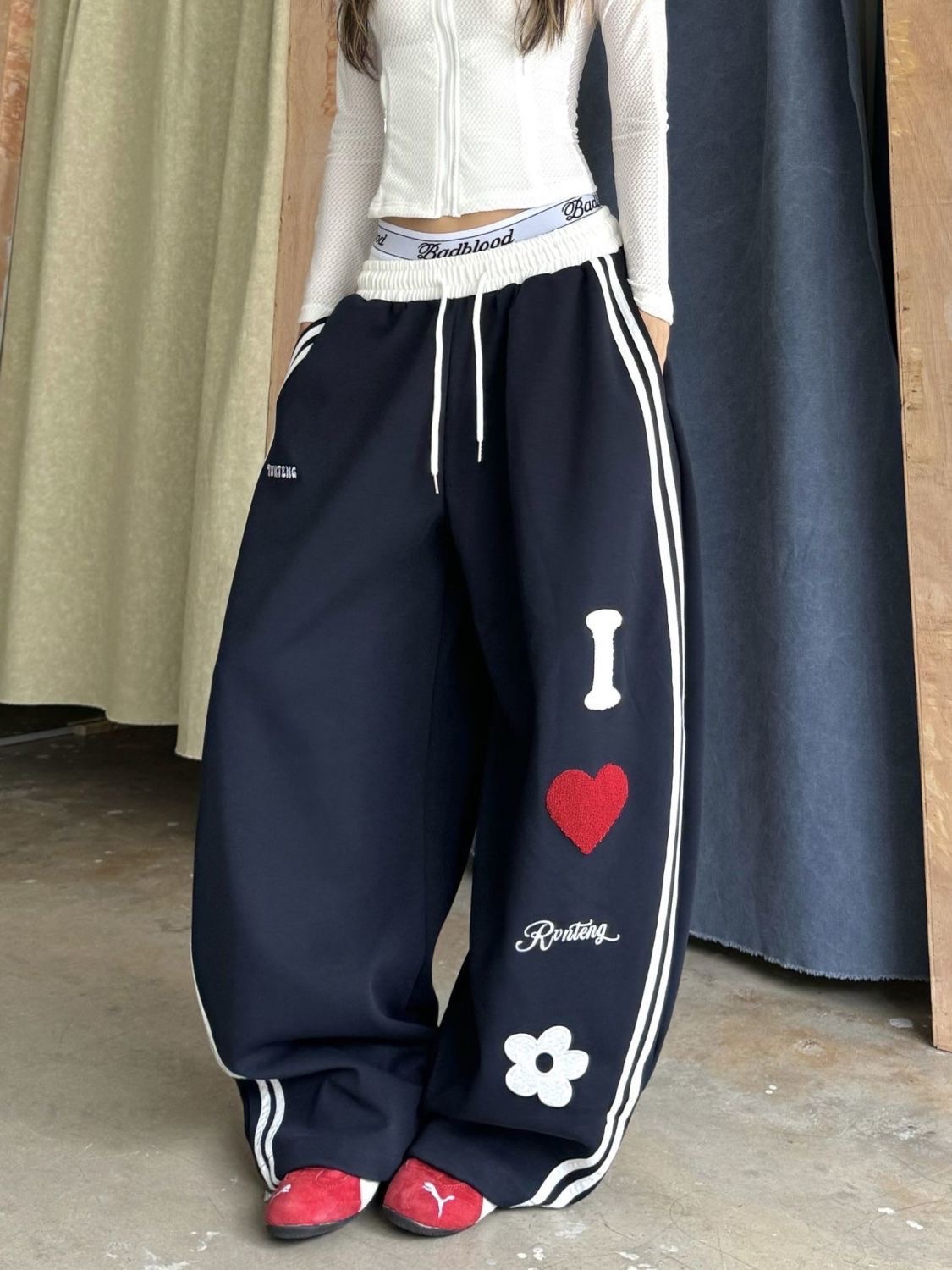 美式刺繡字母寬鬆棉褲（灰/深藍）★