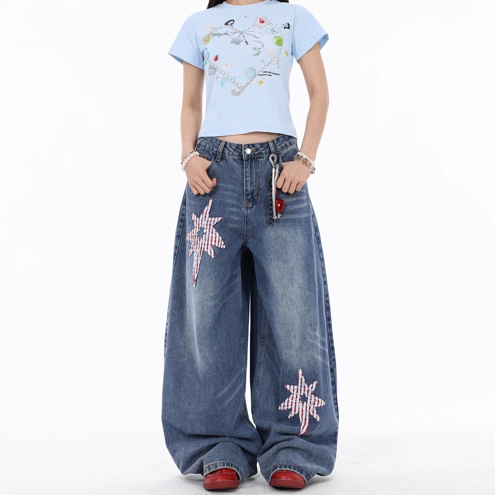 ★復古星星貼布寬鬆牛仔褲★可愛