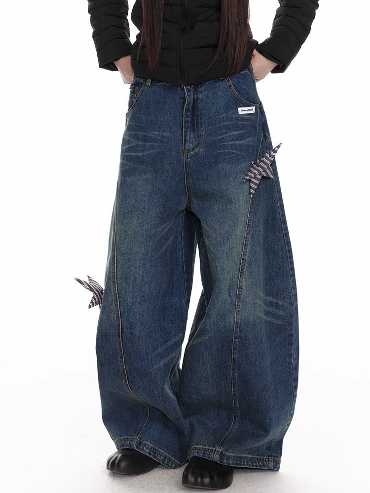 超可愛★復古水洗星星貼布寬鬆彎刀褲★