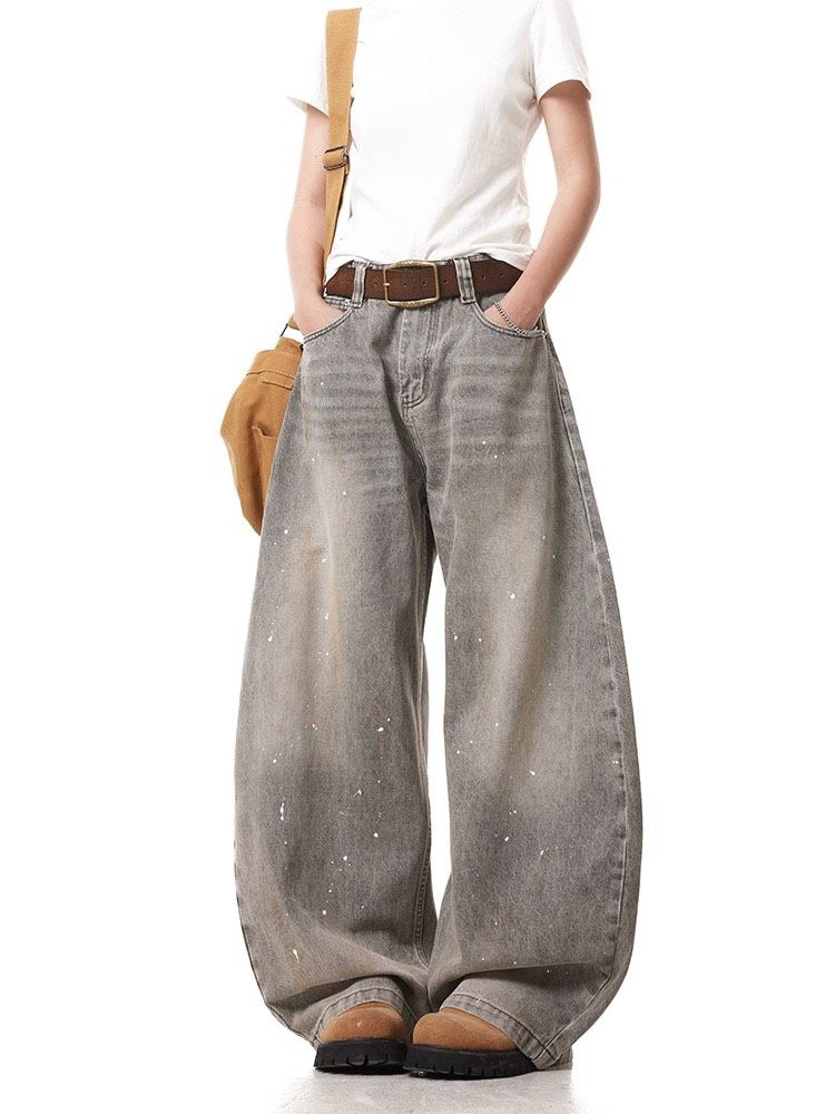 ★復古做舊潑墨寬鬆牛仔褲★