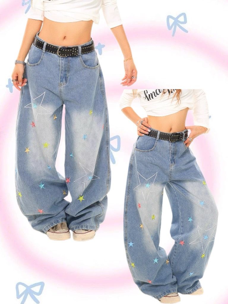 熱銷款★星星刺繡寬鬆牛仔褲★