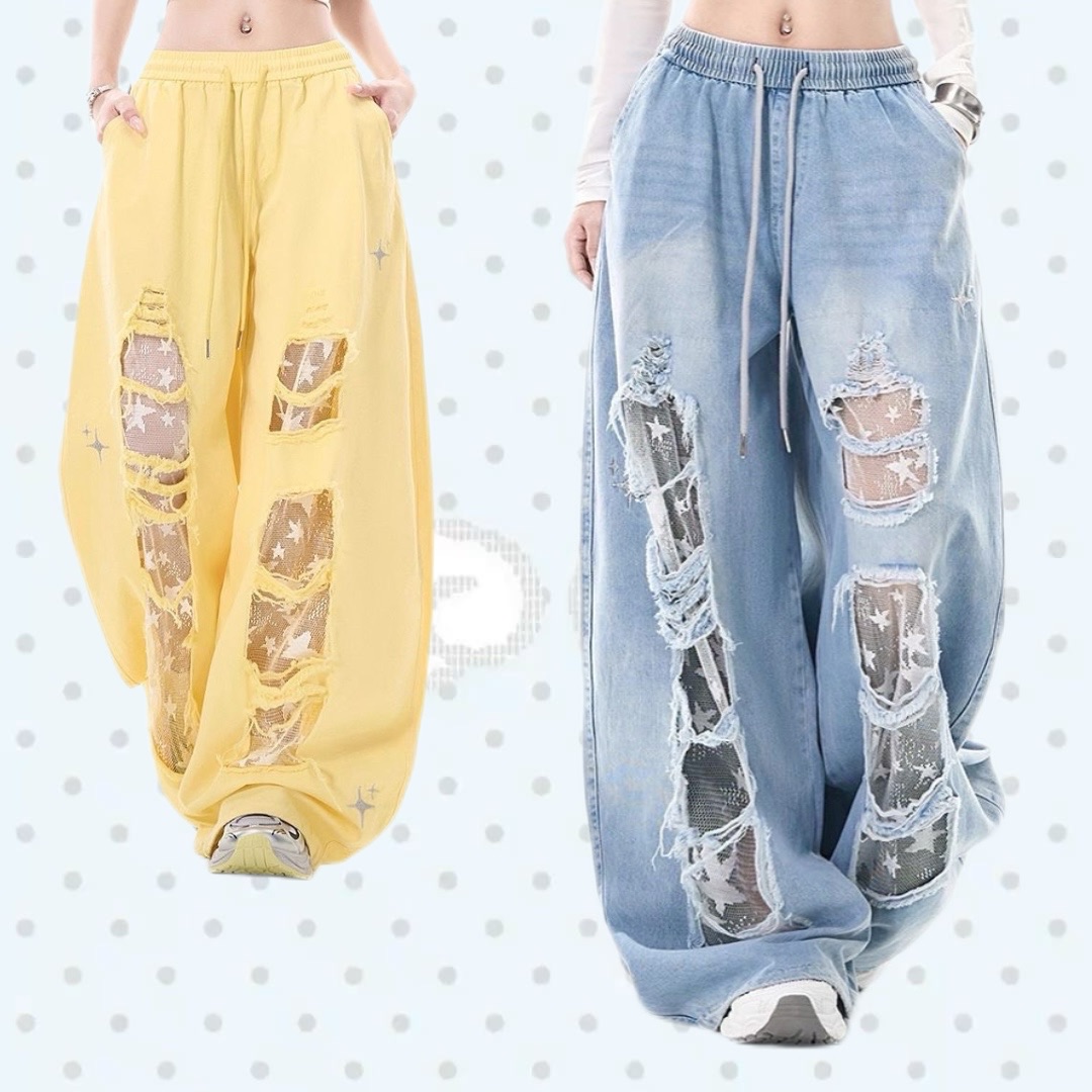 ★星星蕾絲網寬鬆褲褲★四色