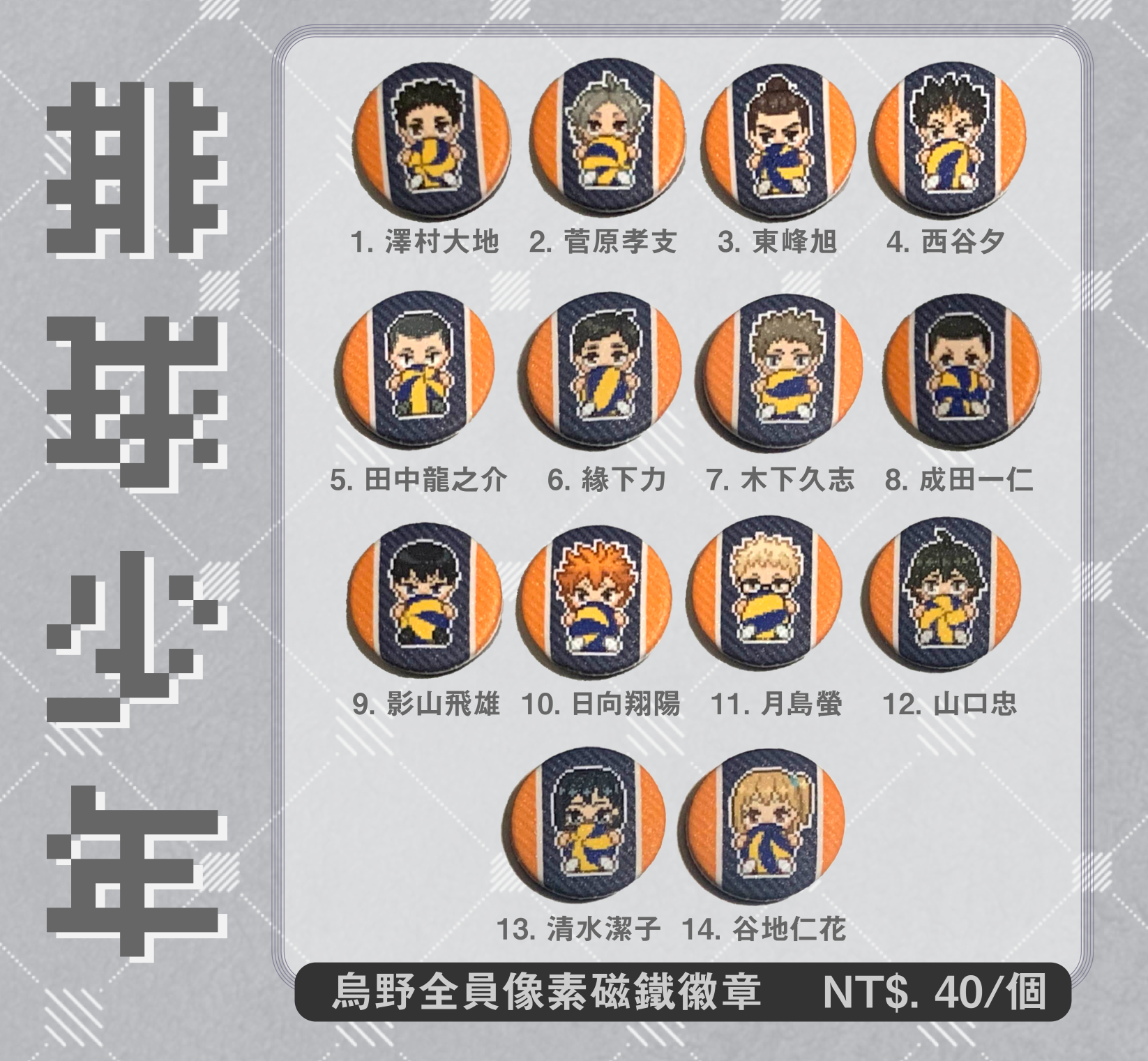 【排球少年】烏野高校全員像素磁鐵徽章