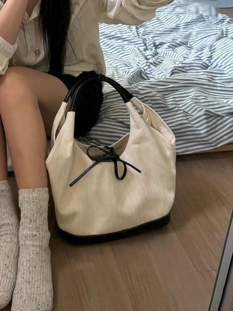韓系蝴蝶結帆布拼接單肩托特包