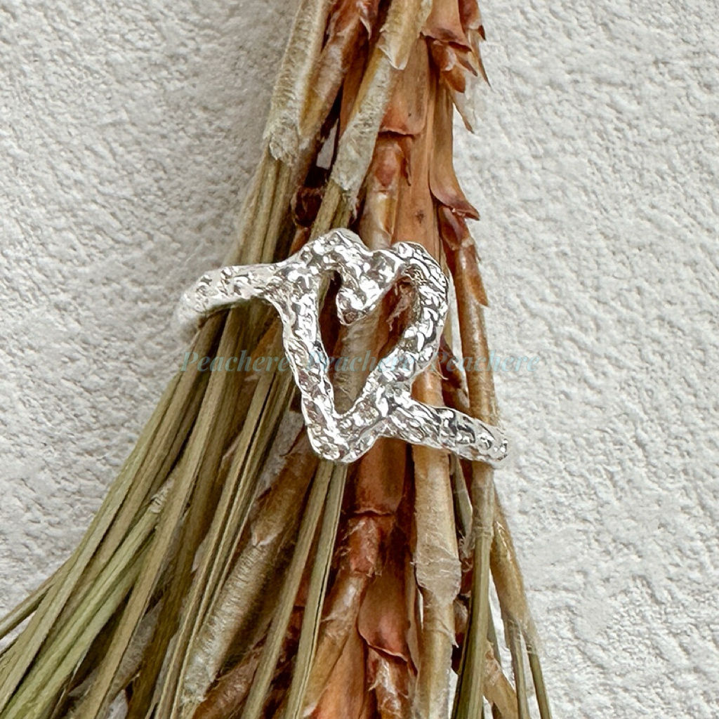 s925 紋理心型錯位開口戒