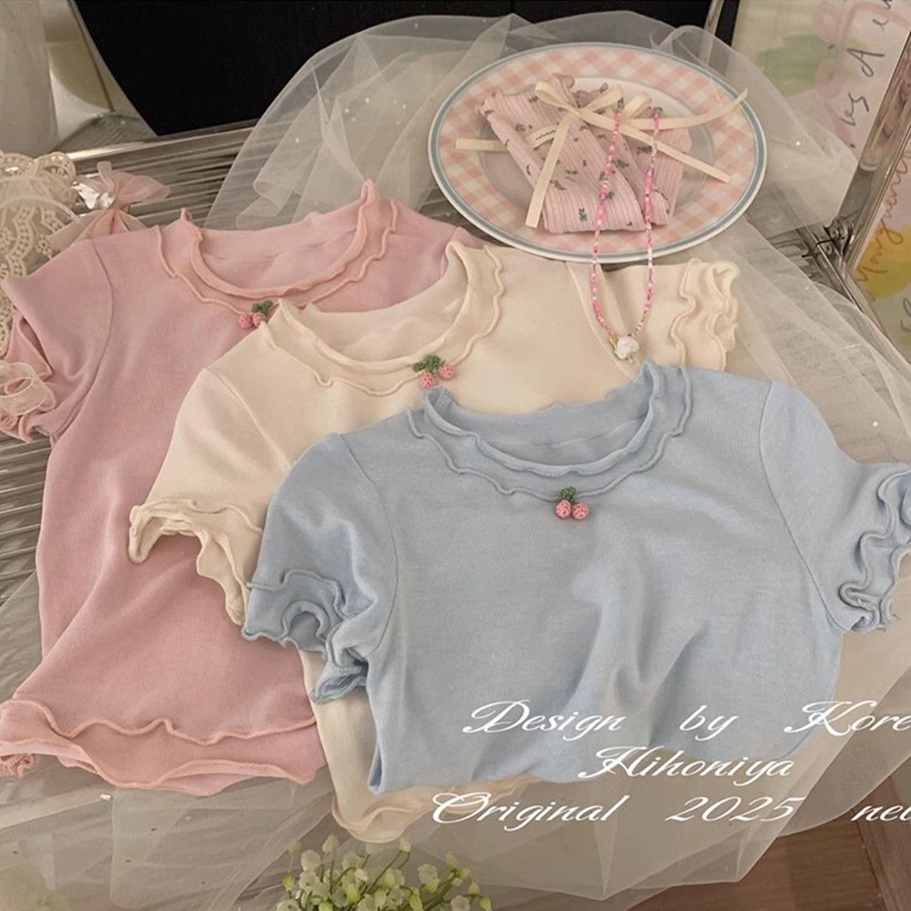 韓版小櫻桃花邊短袖上衣(藍/淡黃/粉)