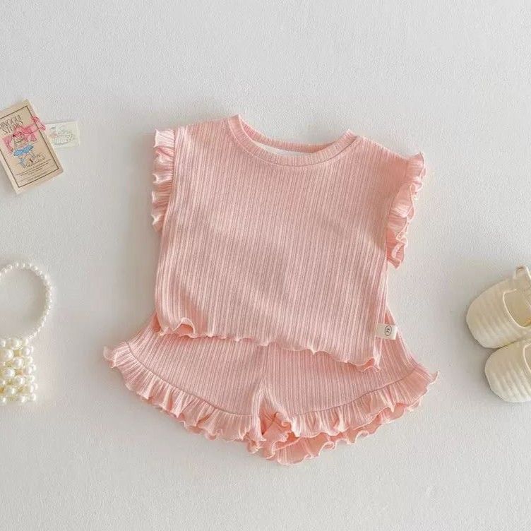 輕薄花邊羅紋短褲套裝(粉/紫/黃)