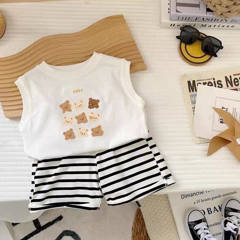 純棉背心+條紋短褲套裝(熊熊家族/大臉熊)