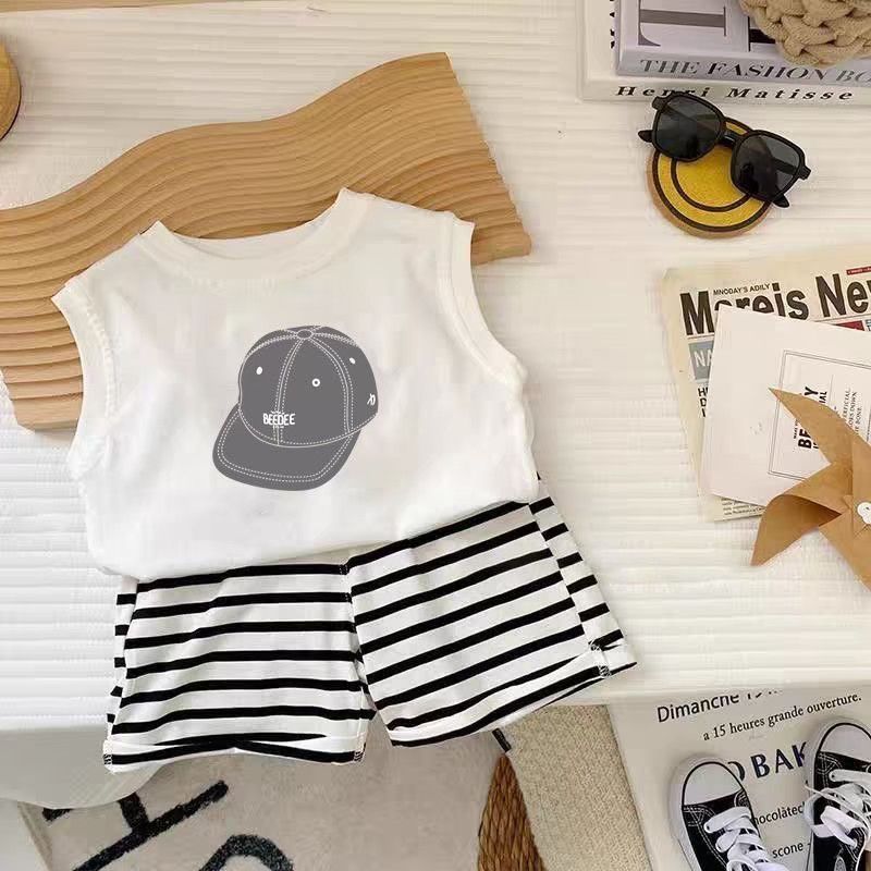 純棉背心+條紋短褲套裝(棒球帽/微笑)